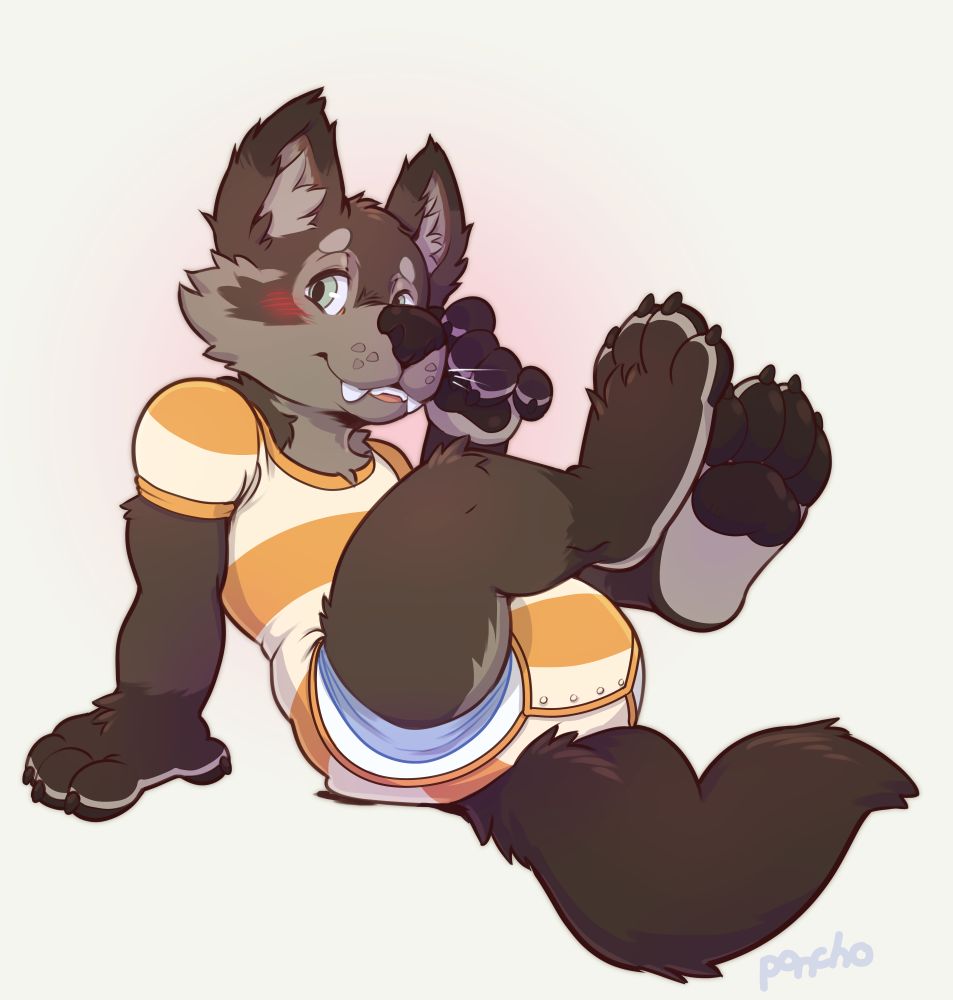 Oswald the babyfur werewolf wearing a thick diaper and striped onesie and showing off his paw beans