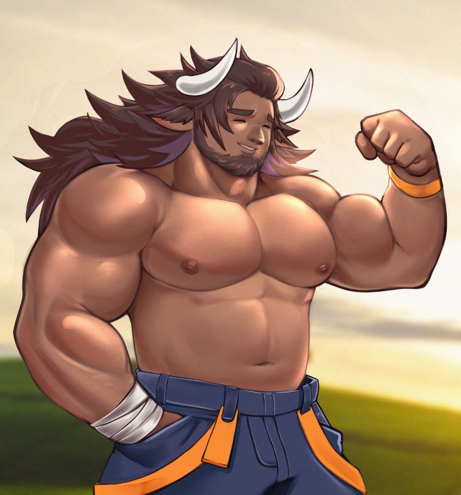 Graceful mcbeefy farmhand showing off on a luscious sunset on a farm 