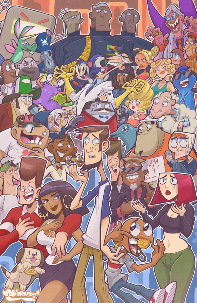A collage of all of the characters from Clone High.  The main characters (Abe, Joan, Ghandi, Cleo and JFK) are in the front row, side characters are in the middle, and the Board of Shadowy Figures are looming above