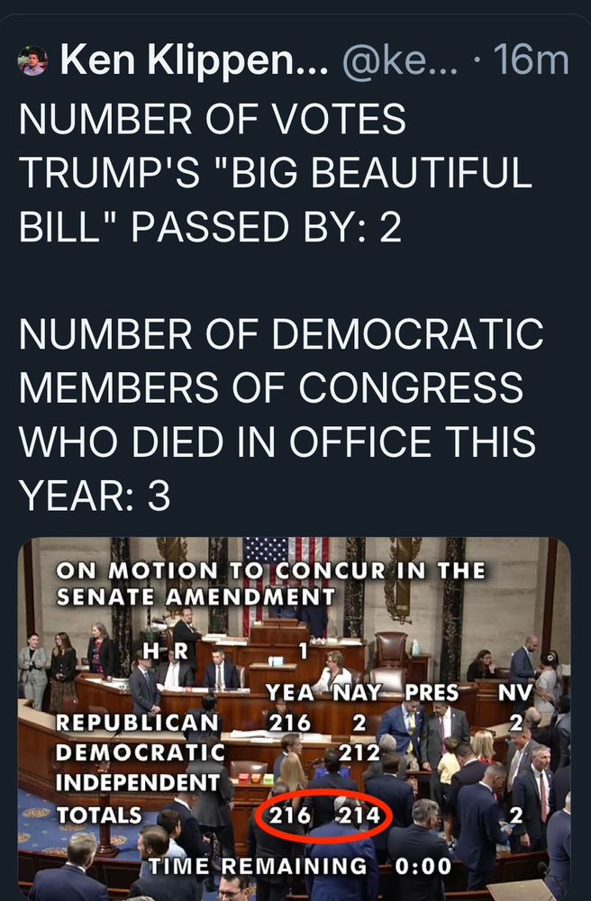 Screenshot of a Ken Klippenstein tweet where he lies saying “NUMBER OF VOTES
TRUMP'S "BIG BEAUTIFUL
BILL" PASSED BY: 2
NUMBER OF DEMOCRATIC MEMBERS OF CONGRESS WHO DIED IN OFFICE THIS YEAR: 3”