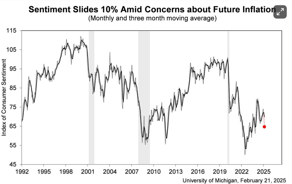 a graph of consumer sentiments from 1992 to the present (21 Feb 2025) showing a decrease since the 2024 election of Trump.