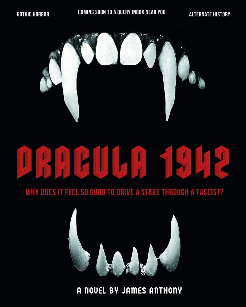 A poster for a book featuring vampire fangs biting the title of Dracula 1942