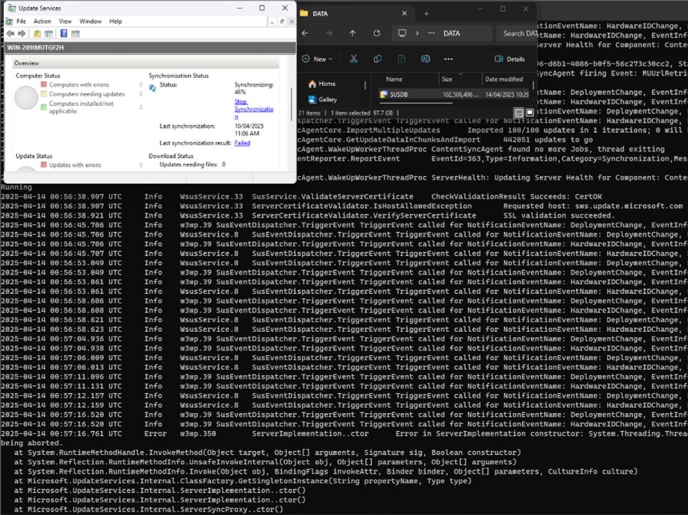 A Windows Server with Windows Server Update Services, Explorer, and Terminal open. Explorer shows a 97.7GB SUSDB (yeah, amogus and all that). WSUS shows 46% progress synchronizing updates, with the last sync being on 2025-04-10 which failed. The terminal shows the WSUS log, which is absolutely struggling with a bunch of exceptions, but is currently at 442051 updates left to go.