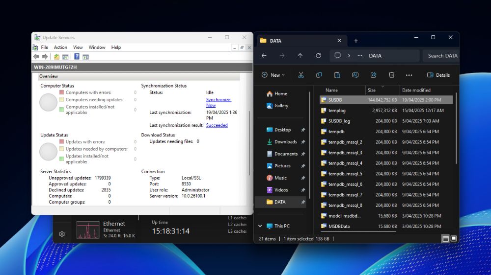 The finished result with WSUS and the SQL Server data folder open.
SUSDB.mdf is 138GB. WSUS lists 1,799,339 unapproved updates and 2,835 declined. Last sync was 2025-19-04 1:36 PM (2 hours before this post).
System uptime: 15 days, 18 hours, 31 minutes.