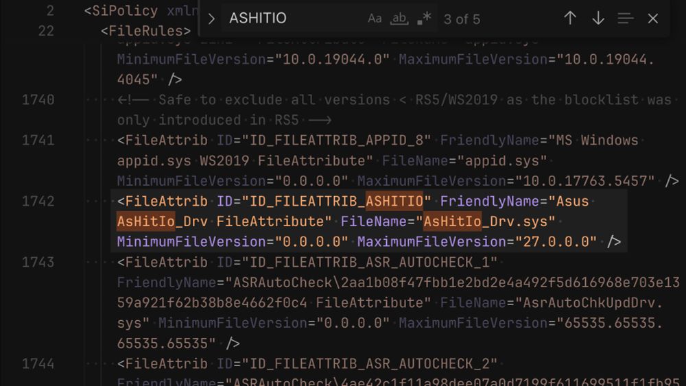 Screenshot of the driver blocklist XML file in Visual Studio Code (SiPolicy_Enforced.xml). Highlighted is a line for “Asus AsHitIo_Drv FileAttribute”, which blocks a driver named AsHitIo_Drv.sys between version 0.0.0.0 and 27.0.0.0.