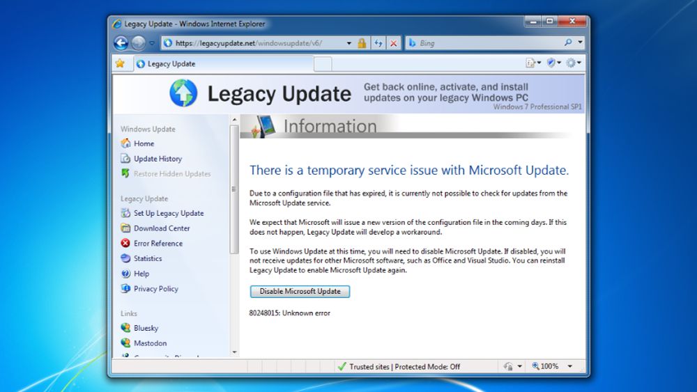 A Legacy Update “Information” page in Internet Explorer 8 on Windows 7:

There is a temporary service issue with Microsoft Update.

Due to a configuration file that has expired, it is currently not possible to check for updates from the Microsoft Update service.

We expect that Microsoft will issue a new version of the configuration file in the coming days. If this does not happen, Legacy Update will develop a workaround.

To use Windows Update at this time, you will need to disable Microsoft Update. If disabled, you will not receive updates for other Microsoft software, such as Office, Visual Studio, and SQL Server. You can reinstall Legacy Update to enable Microsoft Update again.

Button: [Disable Microsoft Update]