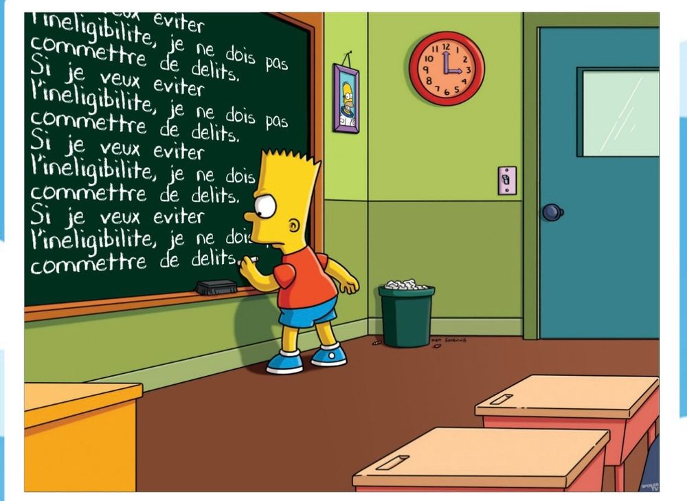 Bart Simpson écrit au tableau : "si je veux éviter l'invisibilité, je ne dois pas commettre de délit ".