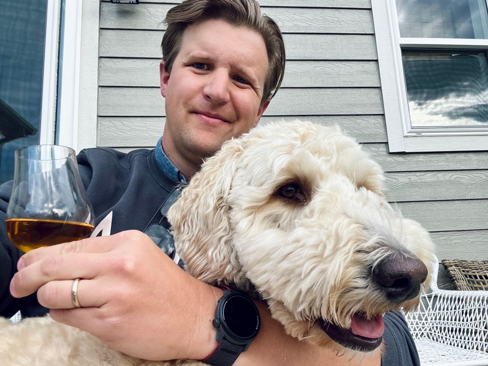A large goldendoodle who is far too big to be a lap dog sitting on my lap.