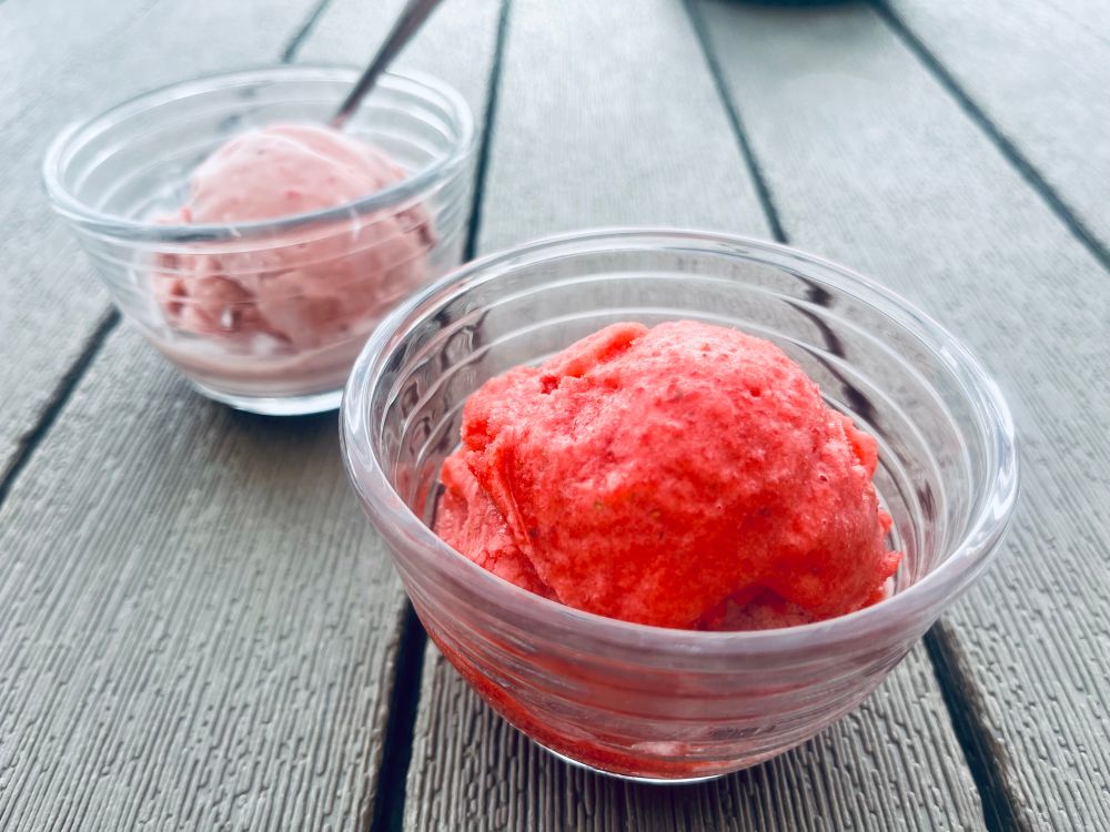 Two small bowls, each with a single scoop. The left is a creamy pink gelato, and the right is a bright red sorbet.