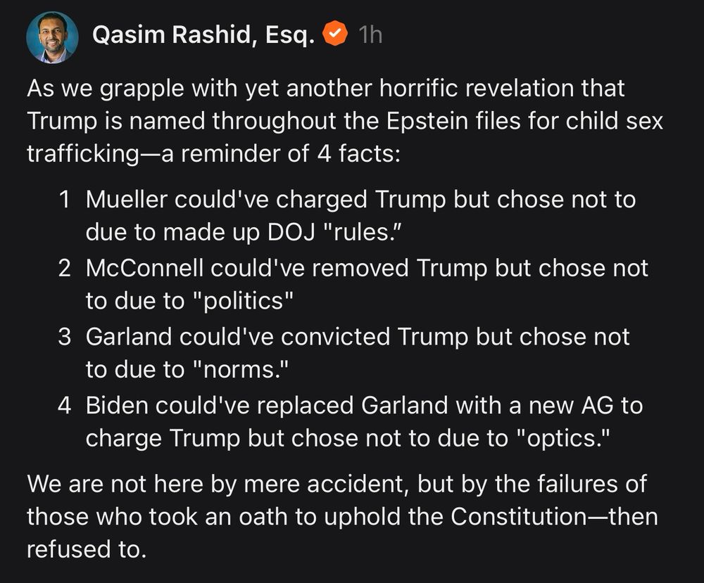 As we grapple with yet another horrific revelation that Trump is named throughout the Epstein files for child sex trafficking—a reminder of 4 facts: Mueller could've charged Trump but chose not to due to made up DOJ 