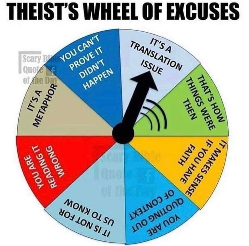 Theists wheel of excuses: it’s a translation issue, that’s how things were then, it makes sense if you have faith, you are quoting things out of context, it is not for us to know, you are reading it wrong, it’s a metaphor, you can’t prove it didn’t happen