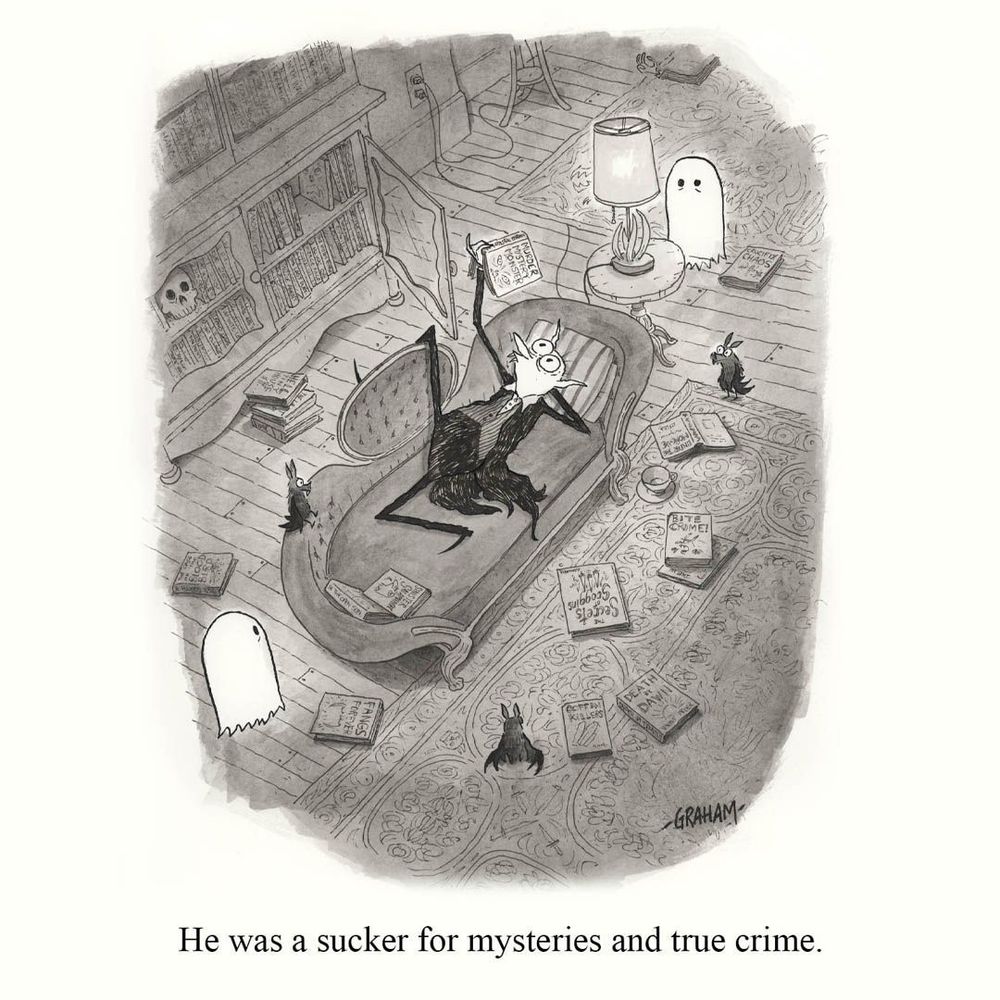 A cartoon illustration of a vampire laying on a couch reading a book surrounded by other books, bats, and ghosts. Caption reads "He was a sucker for mysteries and true crime."