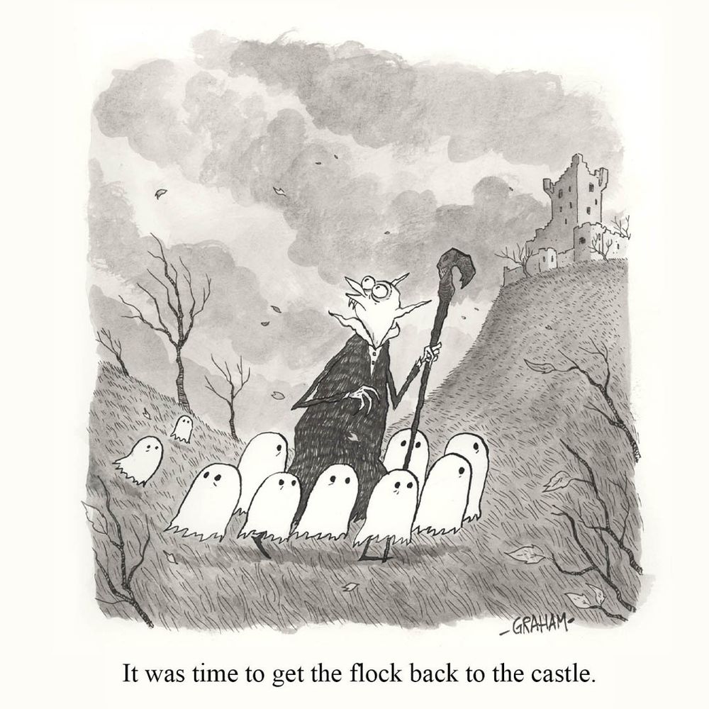A cartoon illustration of a vampire looking at stormy skies and shepherding in his flock of ghosts to the nearby castle. Caption reads "It was time to get the flock back to the castle."