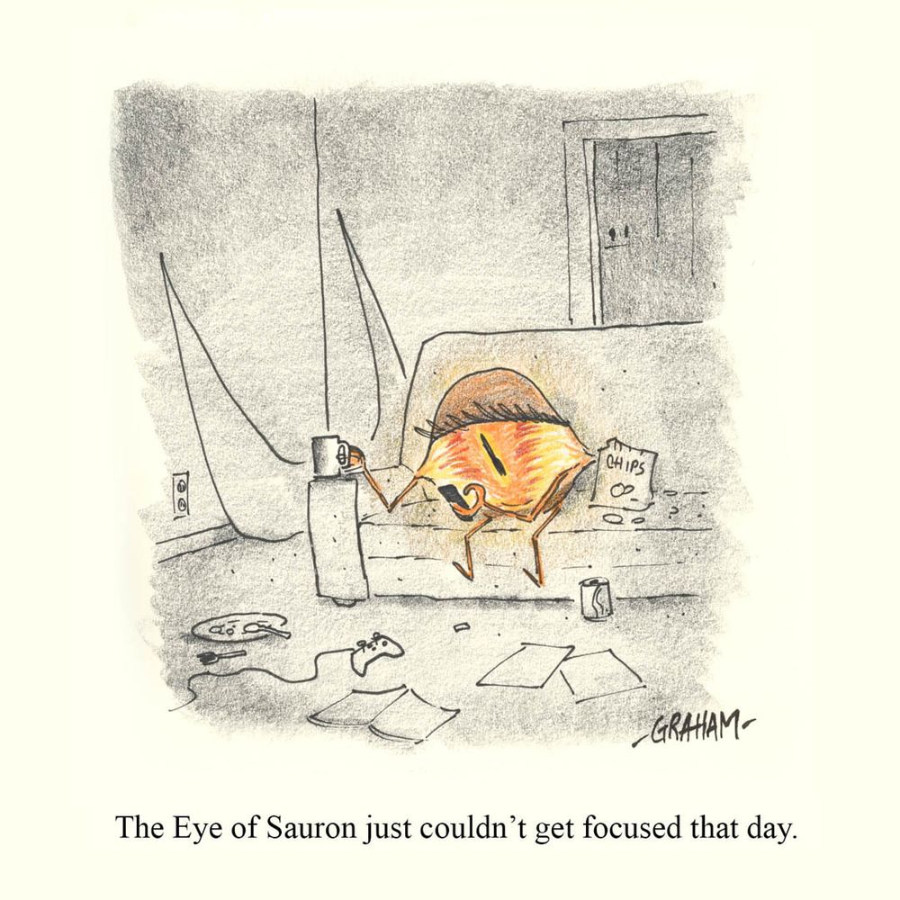 A cartoon illustration of the Eye of Sauron looking bleary and tired with a cup of coffee sitting on a couch scrolling his phone. Caption reads "The Eye of Sauron just couldn't be focused that day."