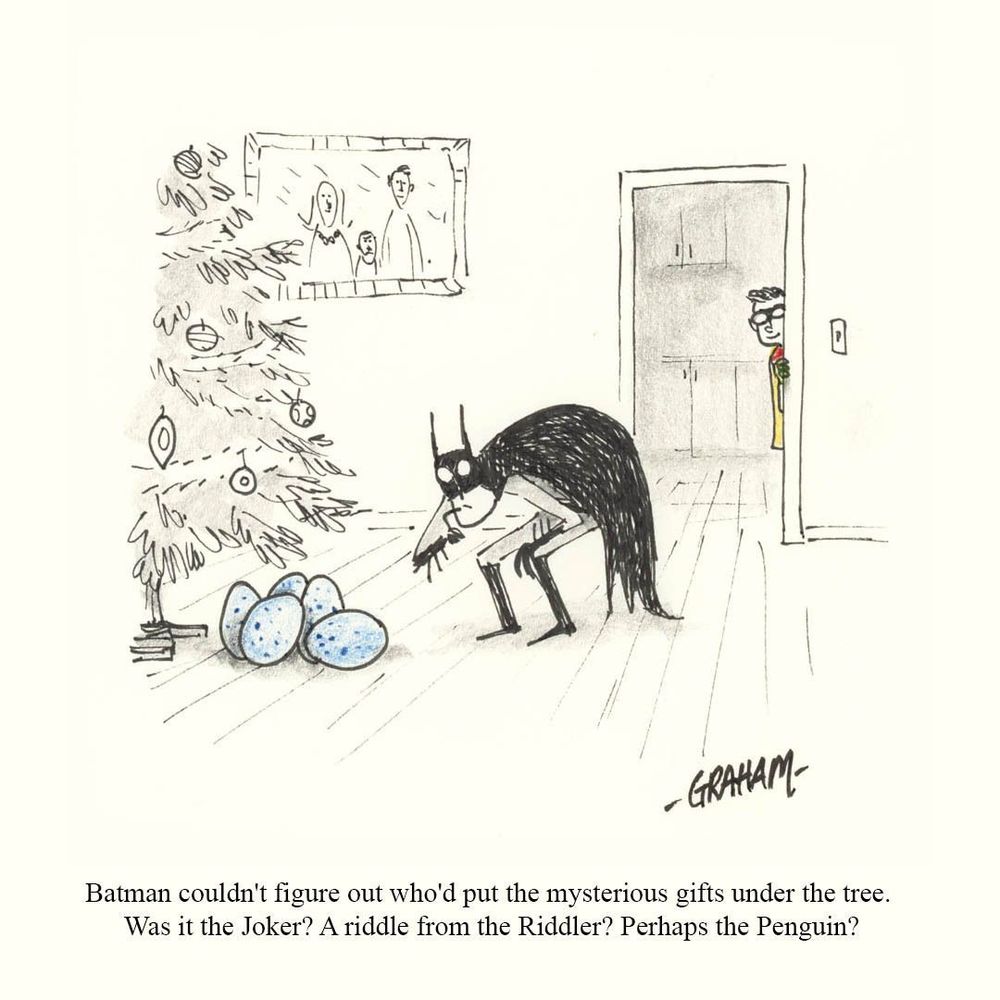 A cartoon illustration of Batman looking at mysterious blue eggs under a Christmas tree while Robin looks on. Caption reads "Batman couldn't figure out who'd put the mysterious gifts under the tree. Was it the Joker? A riddle from the Riddler? Perhaps the Penguin?