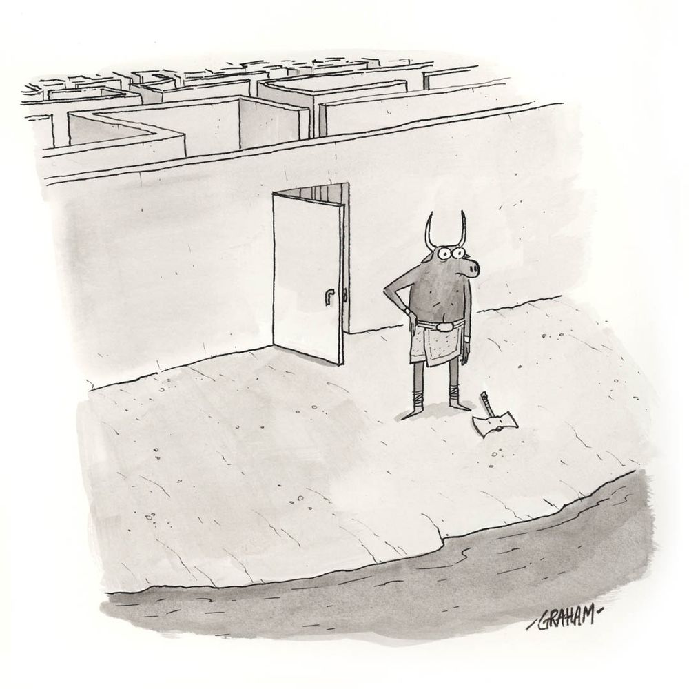 A cartoon illustration of  the Minotaur standing dumbfounded as he stands outside an exit door from the labyrinth maze.