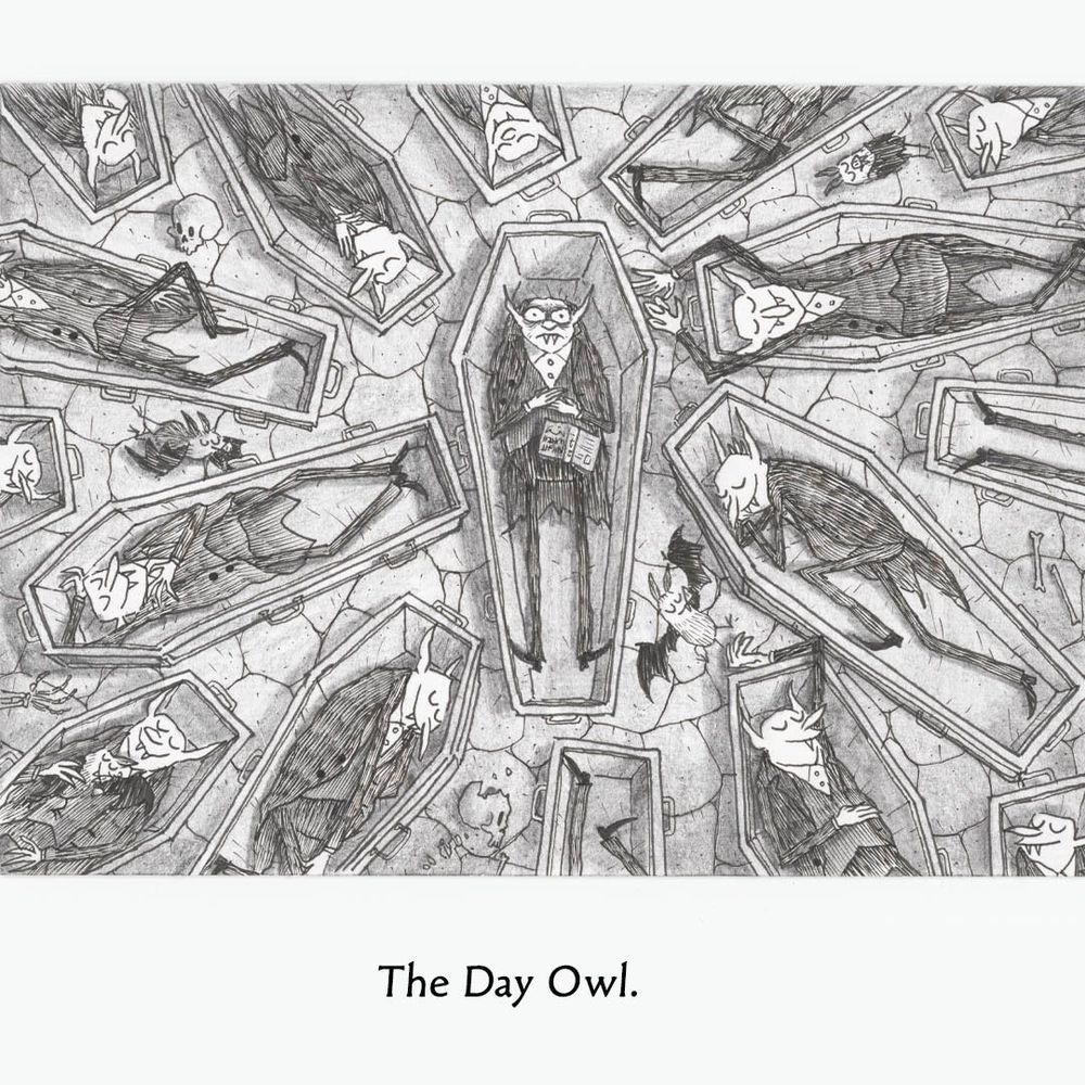A cartoon illustration of a miserable sleepless vampire in a coffin surrounded by a crowd of happily sleeping vampires in coffins. Title underneath reads "The Day Owl."