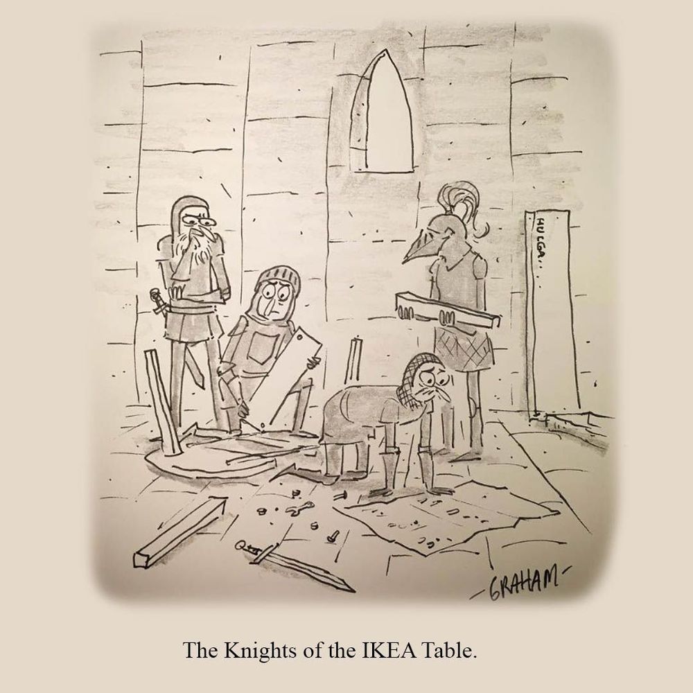 A cartoon illustration of some knights looking discouraged as they try to assemble an IKEA table. Caption reads "The Knights of the IKEA Table."