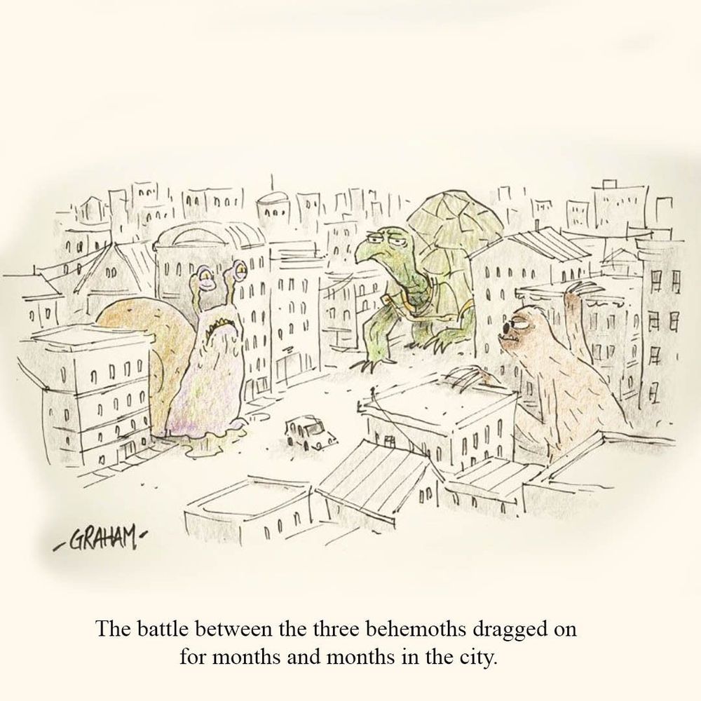 A cartoon illustration of giant sloth, turtle, and slug all slowly coming together to battle in a city. Caption reads "The battle between the three behemoths dragged on for months and months in the city."