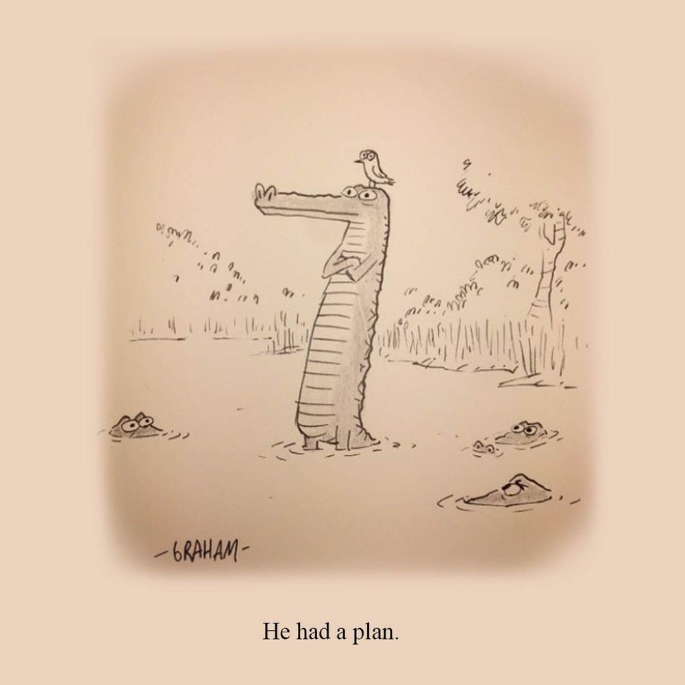A cartoon illustration of a crocodile with folded arms, standing up in a pond, looking determined. Caption reads 