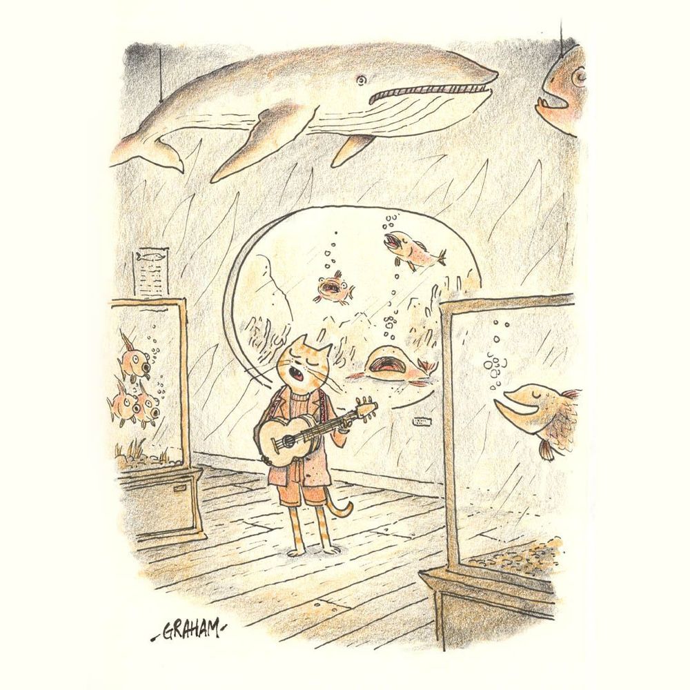 A cartoon illustration of a cat with a guitar singing in a maritime museum surrounded by fish singing along with her.  