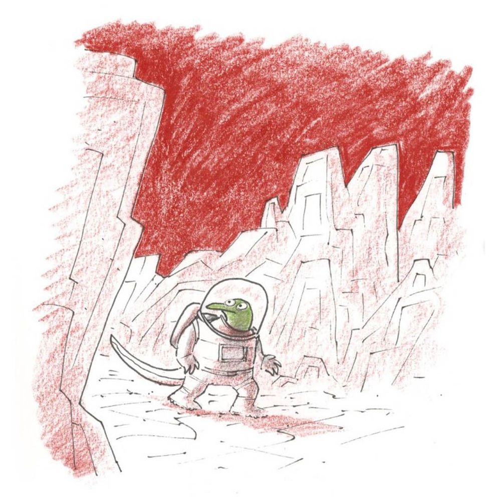 A cartoon illustration of a lizard in a space suit walking on a red planet's surface.