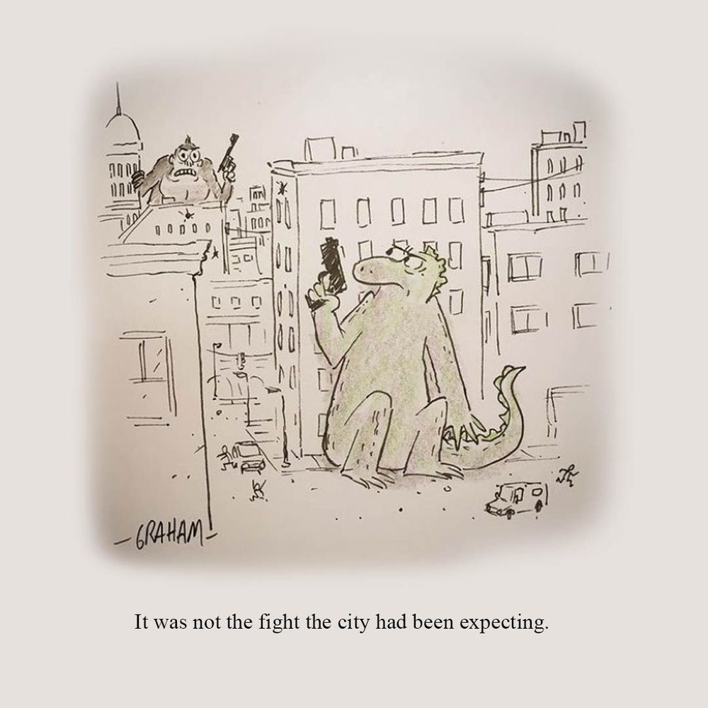 A cartoon illustration of a Godzilla crouched behind a building with a hand gun while King Kong armed with a pistol is searching for him in the distance. Caption reads "It was not the fight the city had been expecting."
