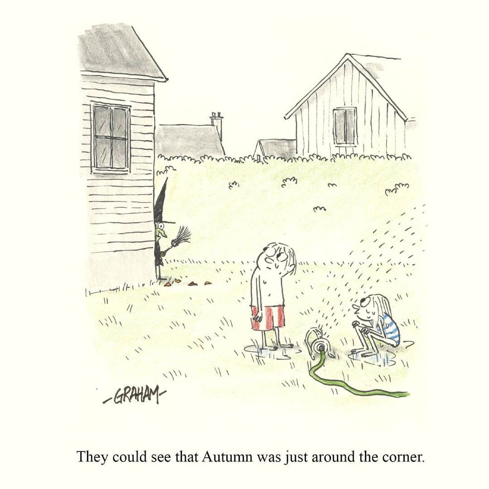 A cartoon illustration of two kids playing with a sprinkler and seeing a mysterious witch watching them from behind the corner of a house. Caption reads 