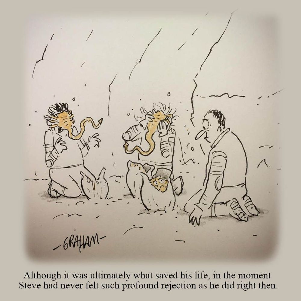 A cartoon illustration of facehugger aliens attacking two astronauts while one disappointed looking facehugger alien stays in its pod looking at sad Steve the astronaut. Caption reads "Although it was ultimately what saved his life, in the moment Steve had never felt such profound rejection as he did right then." 