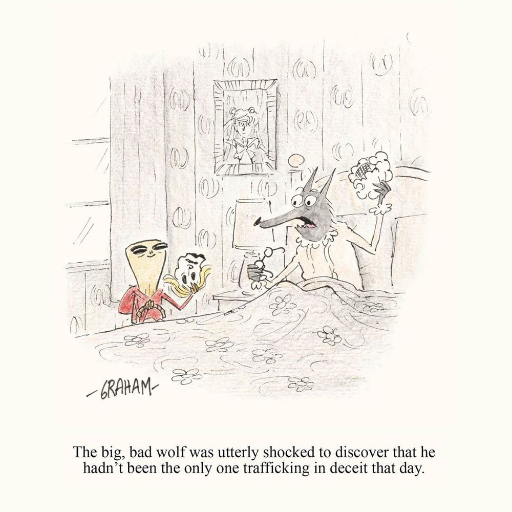 A cartoon illustration of an alien taking off his little red riding hood mask and shocking a surprised wolf dressed as Grandma. Caption reads 