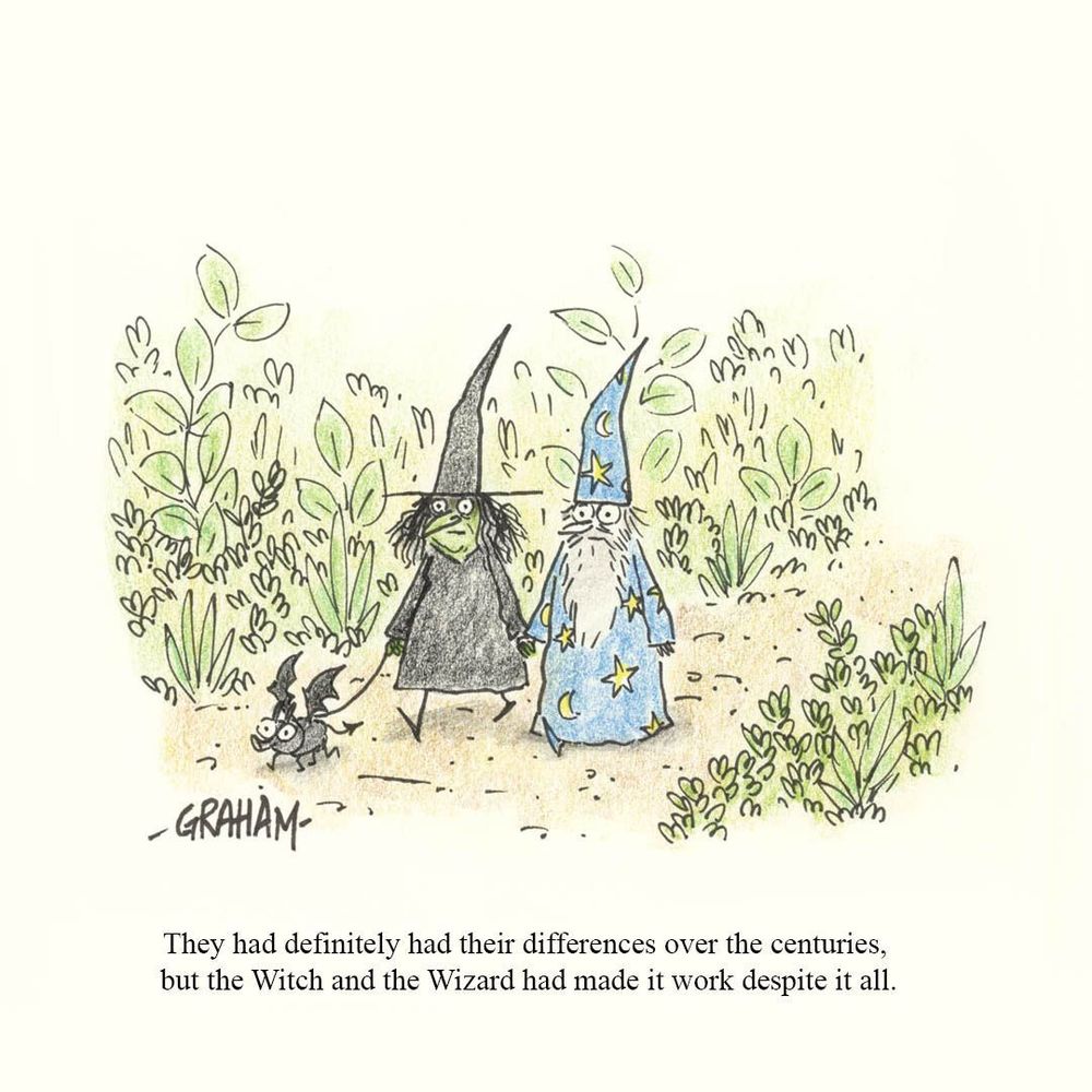 A cartoon illustration of a witch and wizard walking their pet bat dog holding hands. Caption reads 