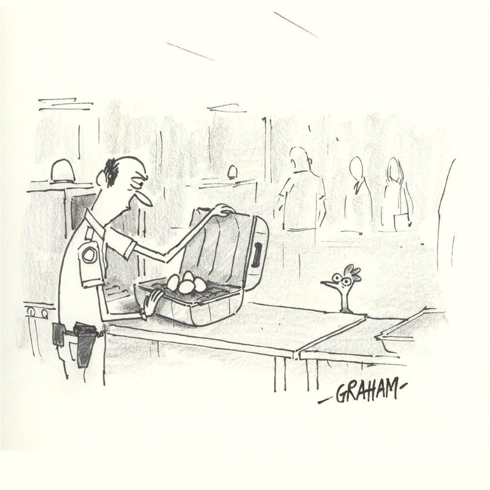 A cartoon illustration of an airport security guard looking suspiciously at some eggs discovered in baggage as a chicken nervously watches and waits. 
