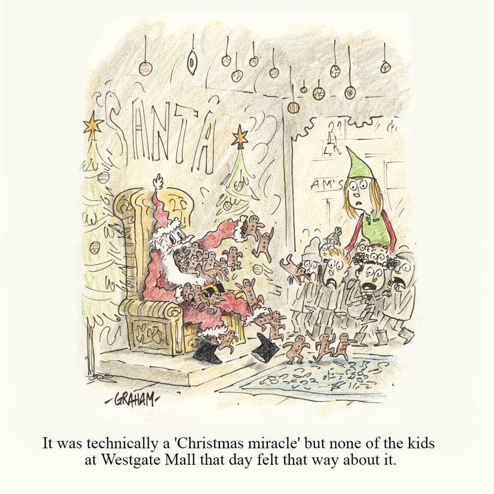 A cartoon illustration of Santa vomiting a horde of living gingerbread men at the mall while traumatized children look on. Caption reads "It was technically a 'Christmas miracle' but none of the kids at Westgate Mall that day felt that way about it."