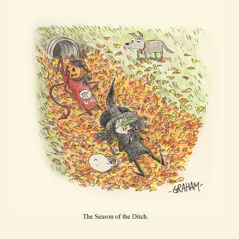A cartoon illustration of a two kids dressed as a witch and a devil laying in a ditch of colored leaves eating candy as a dog watches. Caption reads "The Season of the Ditch."