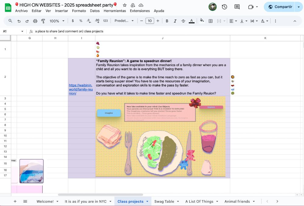 Screenshot of the High on Websites spreadsheet party