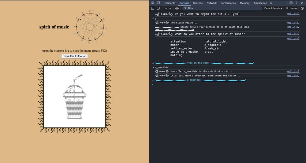A screenshot of Andrew Boylan’s console game the Spirit of Music, which shows an offering of an Ascii smoothie to the spirit.
