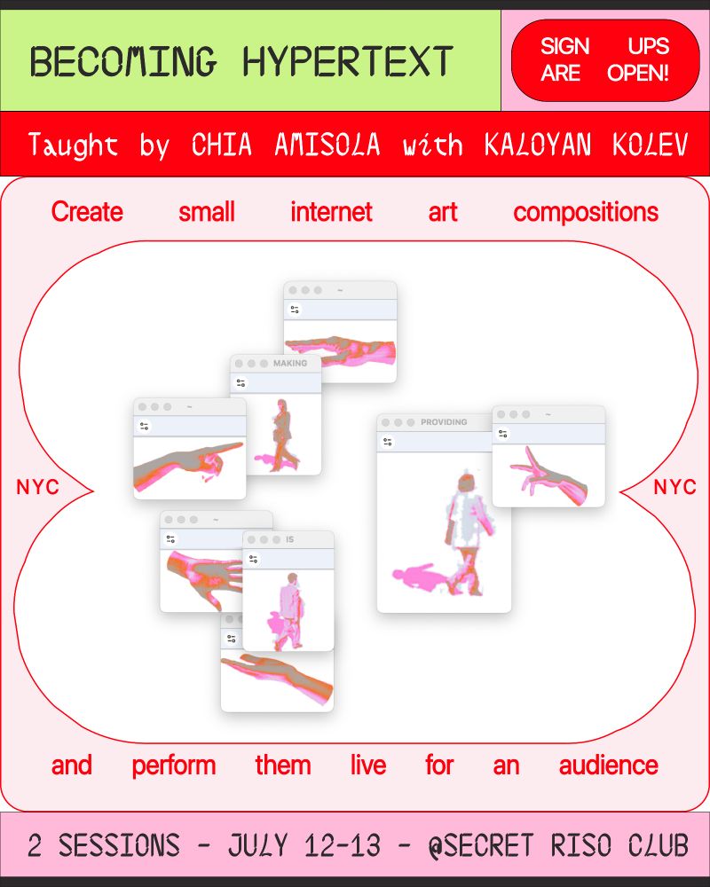Becoming Hypertext promotional graphic. The central image has many windows open with pink and green half-toned images of a person and of hands in different angles.