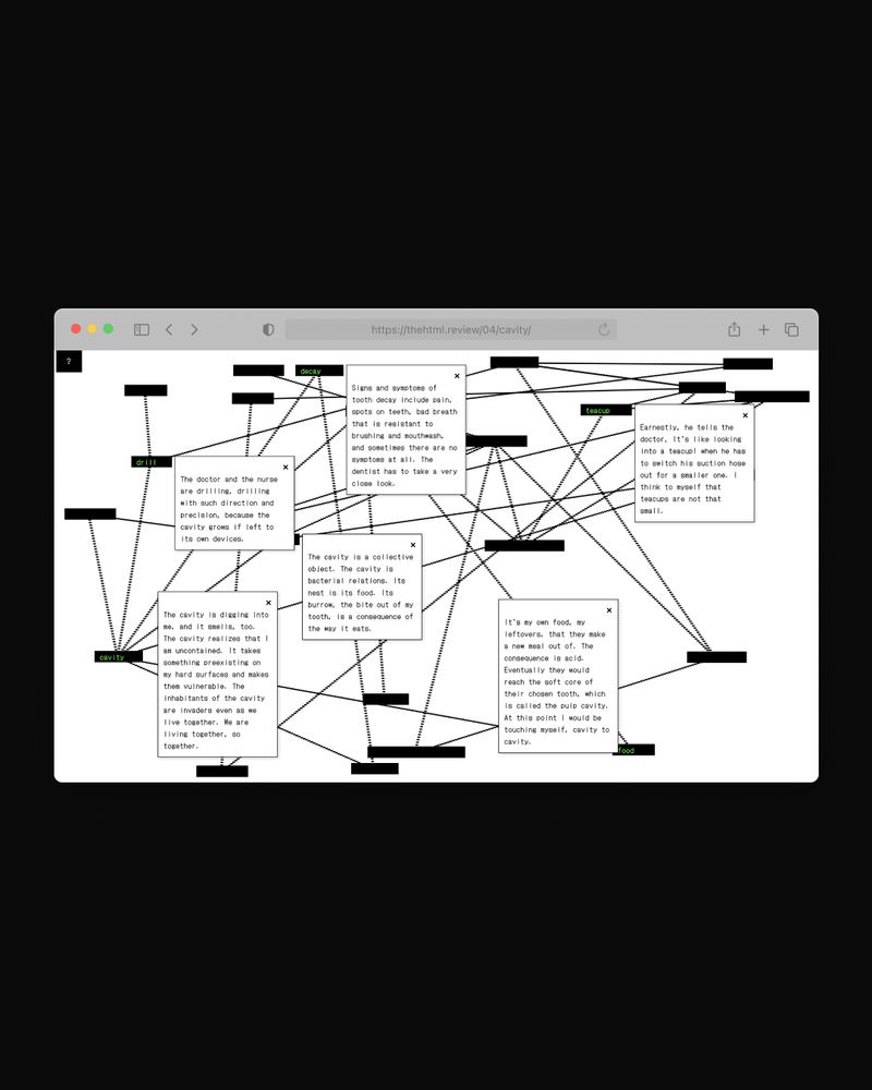 The page shows a complex web of black lines connecting white text boxes containing passages about cavities, tooth decay, drilling, and food. Some keywords like "decay," "drill," "teacup," "cavity," and "food" are highlighted in green.