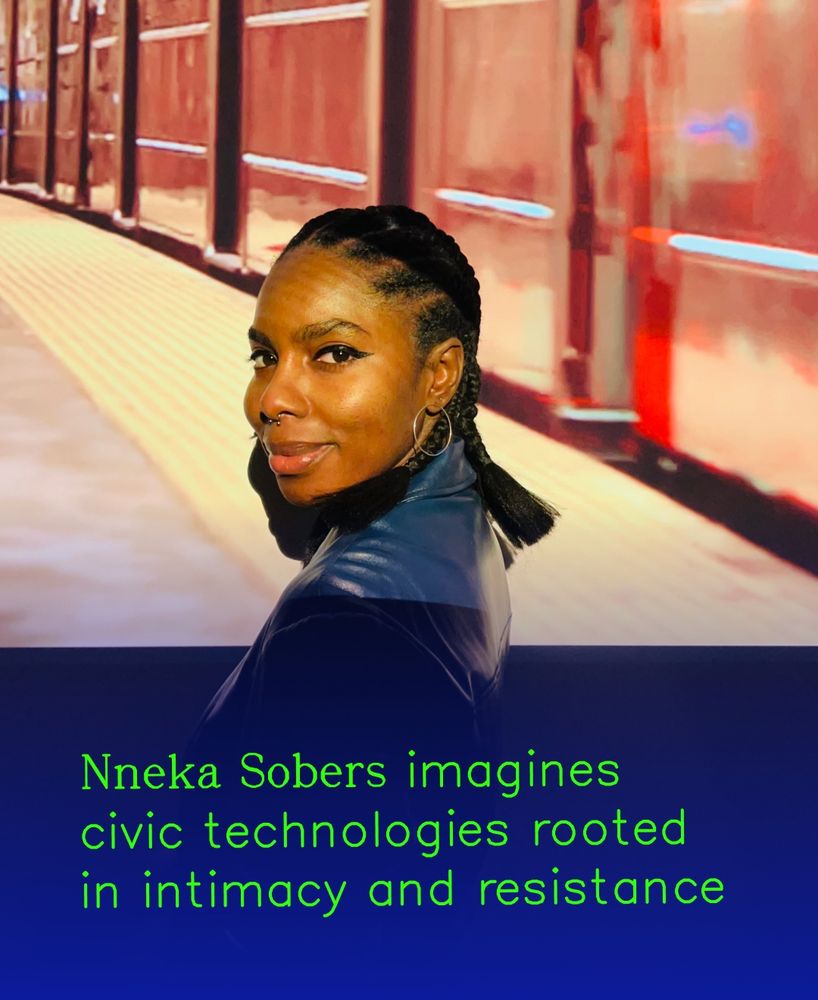 Portrait of Nneka Sobers standing in front of a projected screen. The copy says "Nneka Sobers imagines civic technologies rooted in intimacy and resistance