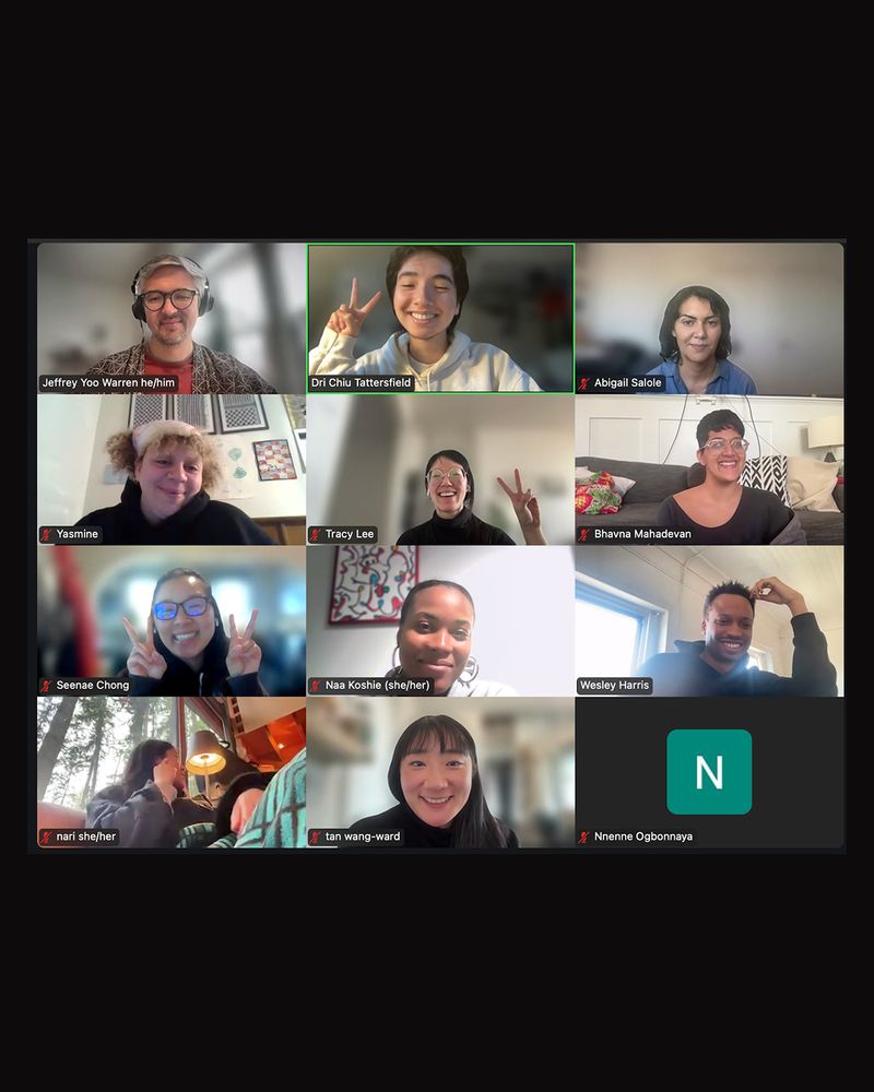 Screenshots of one of the two sections of class, showing grids of smiling faces in Zoom’s gallery view, including several peace signs.