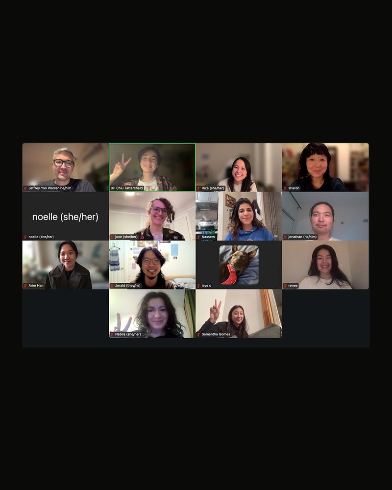 Screenshots of one of the two sections of class, showing grids of smiling faces in Zoom’s gallery view, including several peace signs.