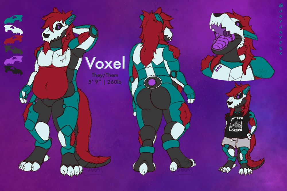 Voxel is a hellhound soul inhabiting/possessing a dead synth chassis, fairly chubby and thick they are also incredibly shy but very vocal around friends. 