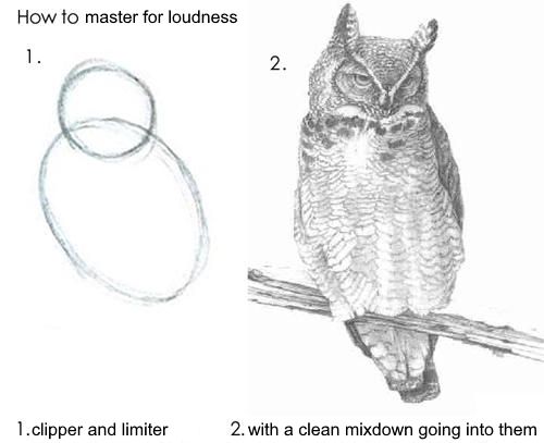 "How To Draw an Owl" meme but it's "how to master for loudness": 1.(circles) clipper and limiter 2. (the rest of the fucking owl) with a clean mixdown going into them