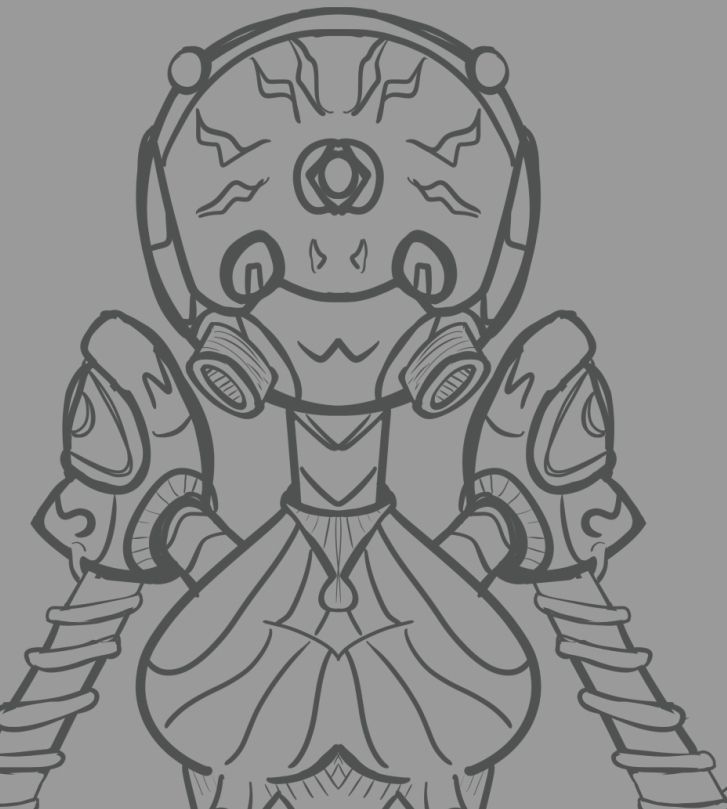 a sketch of a robot from the bust up. round dome like head with a sly smile. 