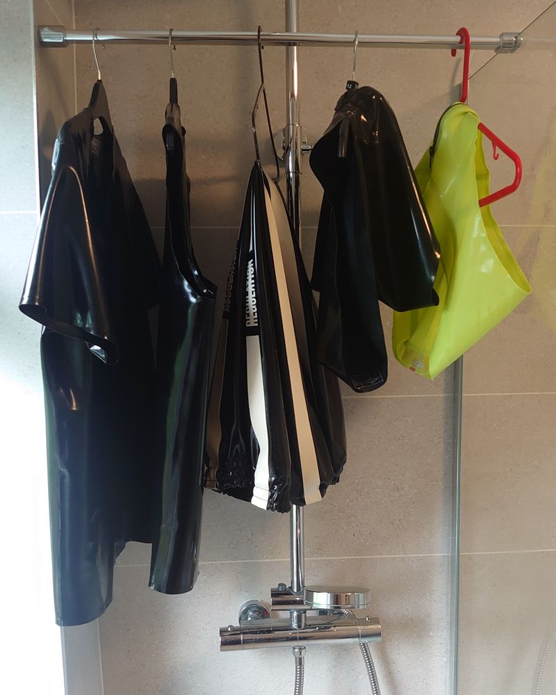 latex garments hung up to dry after cleaning