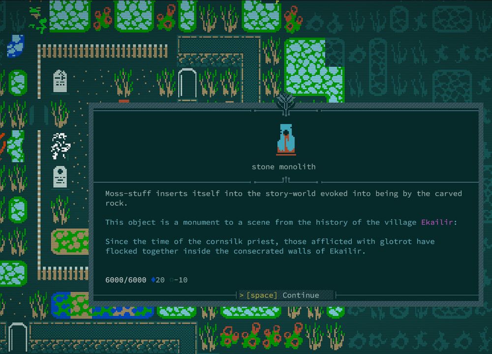 Picture of a stone monolith from 'Caves of Qud'. A carving on the monolith reads: "Since the time of the cornsilk priest, those afflicted with glotrot have flocked together inside the consecrated walls of Ekailir."