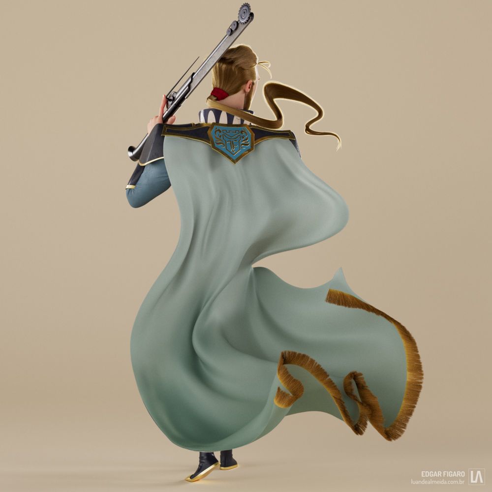Look development in pose of the Edgar Figaro character from the game Final Fantasy VI. Disney cartoon style. Back-view.
