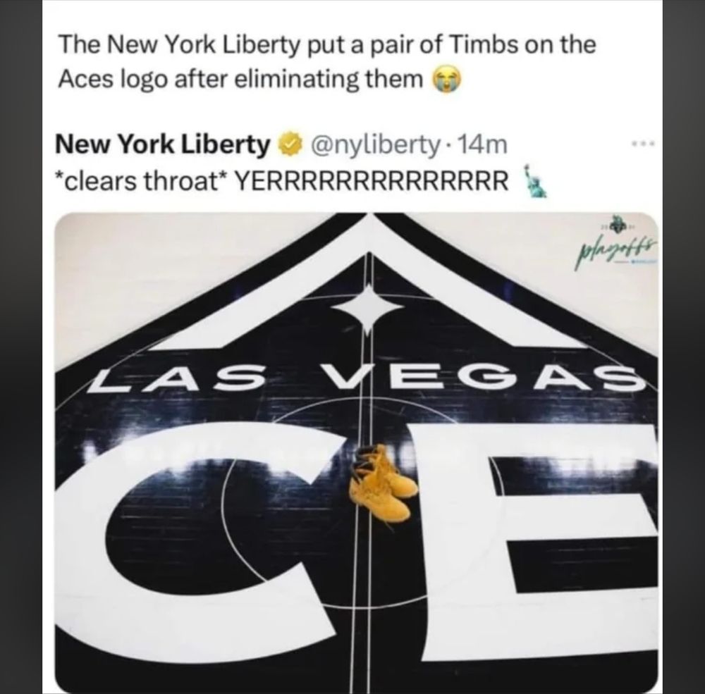 Screenshot of a social media post from the official NY Liberty basketball team. It is a picture of a pair Timberland boots on the LV Aces half court logo