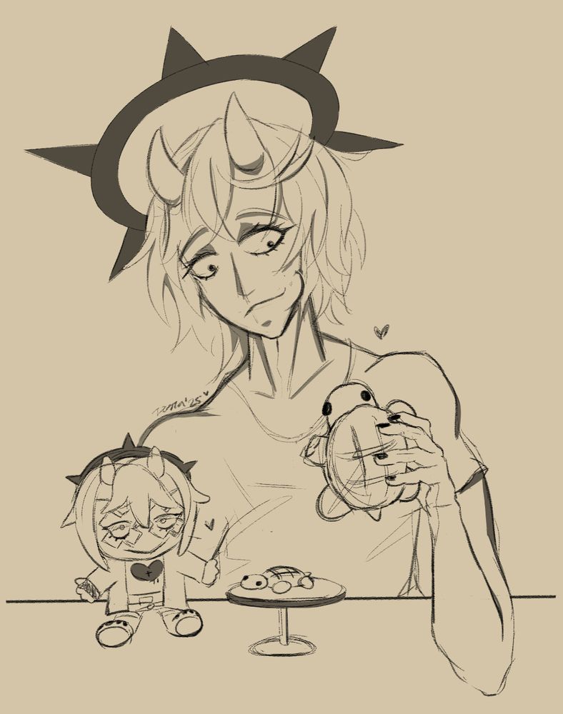 happy chaos eating a melon bread turtle. seated in front of him on the table is the makeship happy chaos plush, with a small table in front of him with his own mini turtle bread.