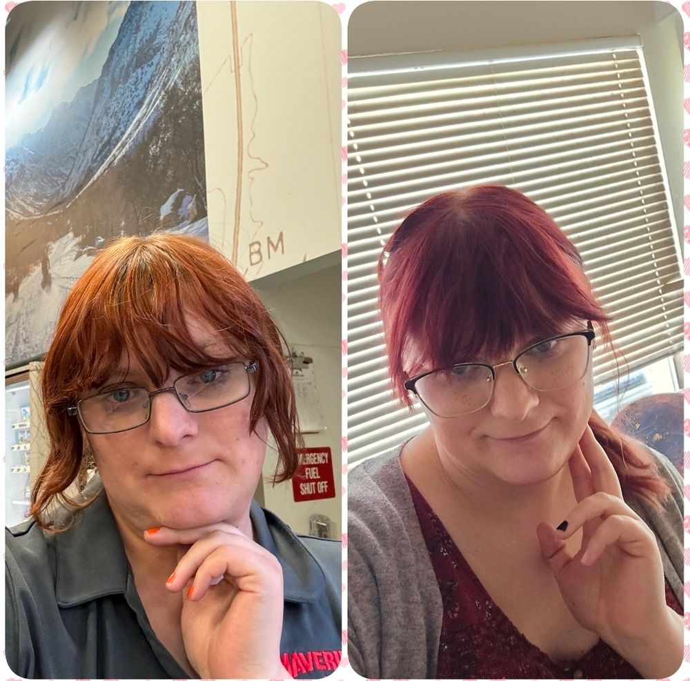 Aemelia at work in October 2024, vs Aemelia at home November 2025 over a year later. 